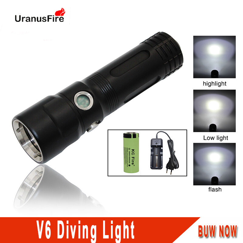 Uranusfire 스쿠버 다이빙 손전등 LED 방수 V6 2000 루멘, 강력한 휴대용 전술 조명, 18650 26650 다이빙 토치