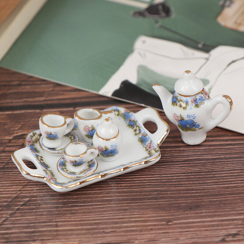 6/8/15Pcs Dollhouse Miniature Dining Ware ชุดชาถ้วยจานจาน-ดอกไม้สีม่วงสีขาวรูปแบบ