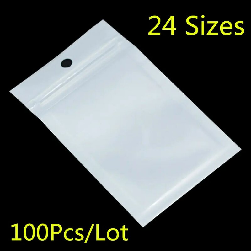 Pacote de plástico sacos com zíper, pequeno branco claro Zip Lock, auto selo, transparente Ziplock, saco de embalagem poli, pendurar buraco, 100pcs