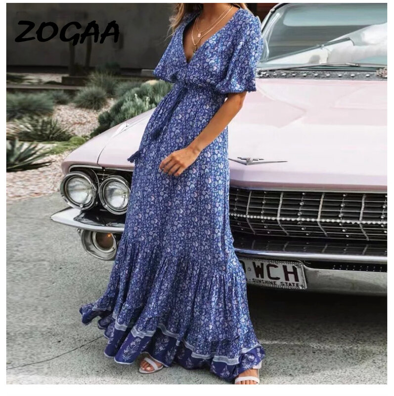ZOGAA 2020 verano playa vacaciones informal falda dibujo bohemio cuello pico vestido para las mujeres