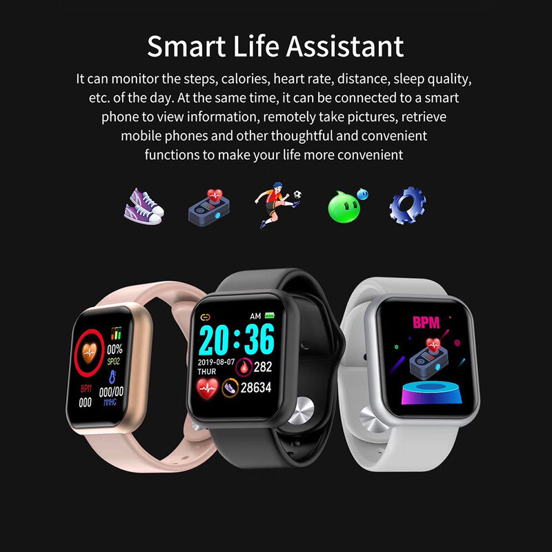 Reloj inteligente deportivo Y68 para hombre y mujer, pulsera inteligente con Bluetooth, control del ritmo cardíaco y de la presión sanguínea para iOS y Android