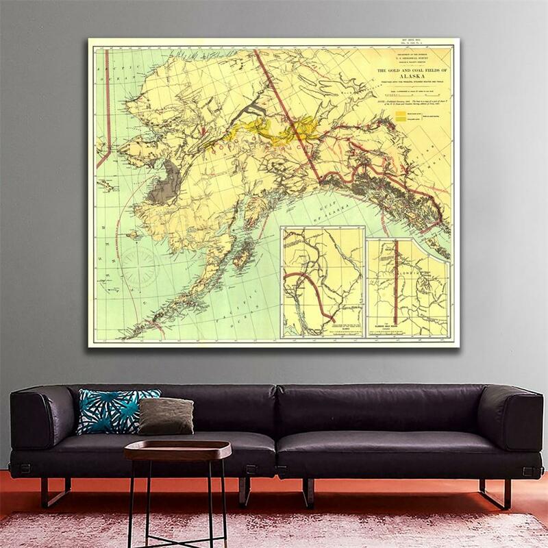 Wodoodporna mapa włókninowa 60x60 cali Złote i węglowe pola Alaska w wersji 1898 do dekoracji ścian biurowych w salonie