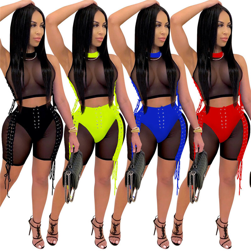 Sexy See-through Bandage Two Piece Set Women Clothing Sets Festival Party Club Outfits Side Lace Up Crop Tops and Shorts Set