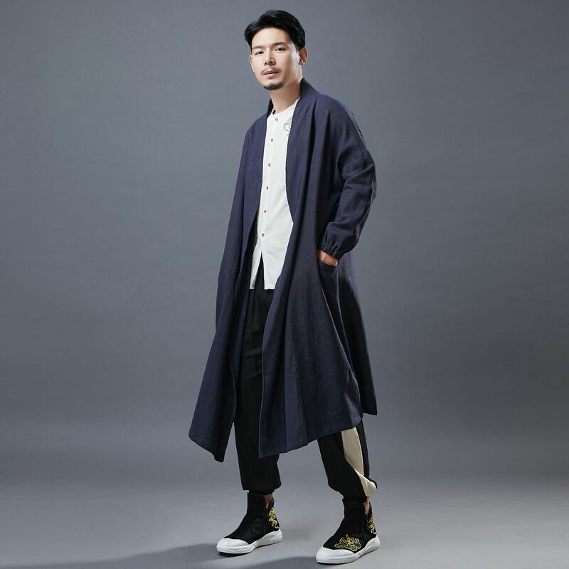 Linho de algodão masculino chinês camisa hanfu sólido manto & blusão antigo gola mandarim robe botão retro cardigan casual tang topos
