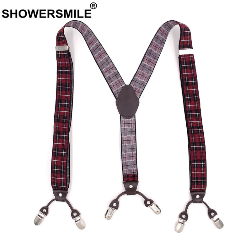 Showersmile-calças masculinas, suspensórios em couro, elástico, estilo britânico, vermelho, 6 clips, estilo jacquard, para negócios