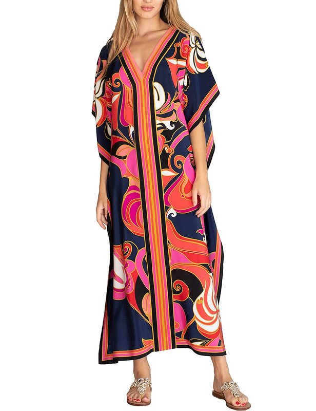 Bsubseach mulher plus size kaftan vestido de manga curta maiô cobrir v pescoço loungewear caftan maxi vestidos