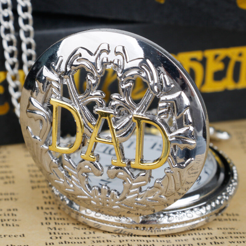 Steampunk srebrny Hollow tata kwarcowy kieszonkowy na łańcuszku Fob naszyjnik męski ojciec najlepsze prezenty