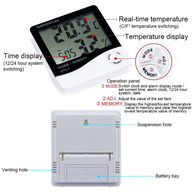 Junejour-humidité à température numérique LCD, hygromètre domestique pour l'extérieur thermomètre Station météo avec horloge 1 pièce