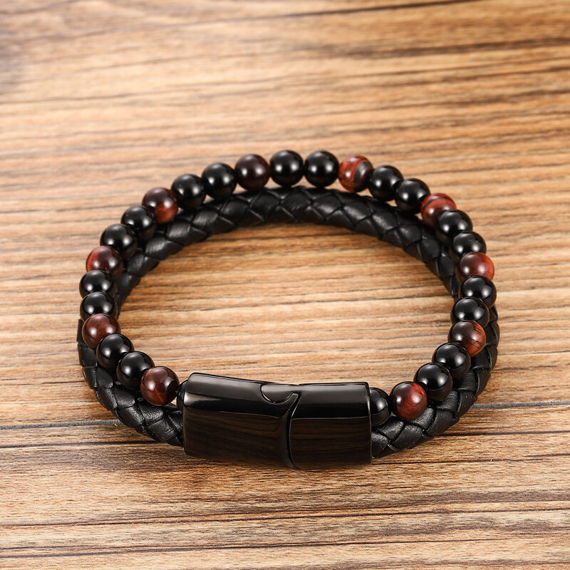 Bracelet à breloques pour homme, corde en acier inoxydable, pierre naturelle magnétique, cuir, perlé, pierre volcanique, bracelet, bracelets, chaîne, cadeau