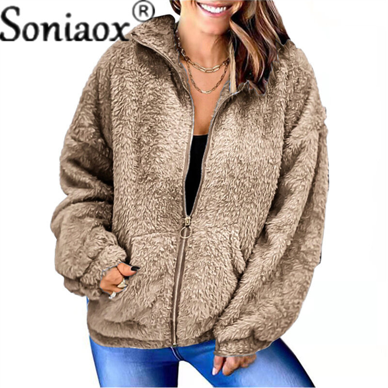 Chaqueta con capucha de felpa para mujer, abrigo informal holgado y cálido con cremallera de piel sintética, Rebeca Retro, abrigo de invierno, 2021