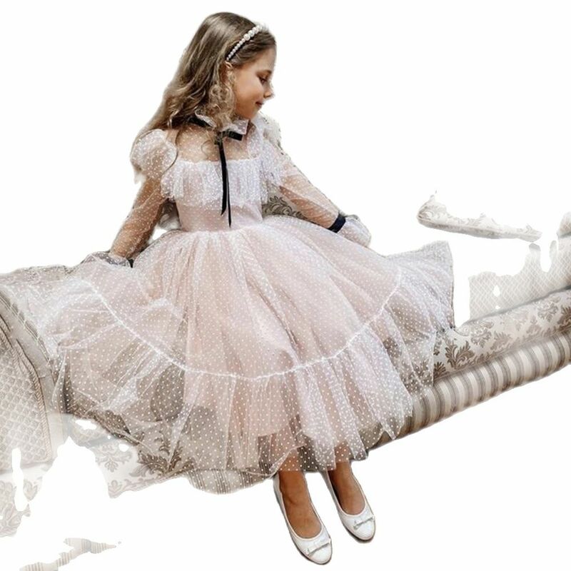 Polka-dot tule vestidos da menina de flor ilusão mangas compridas menina vestido de festa de casamento fitas comunhão vestido de aniversário ano novo