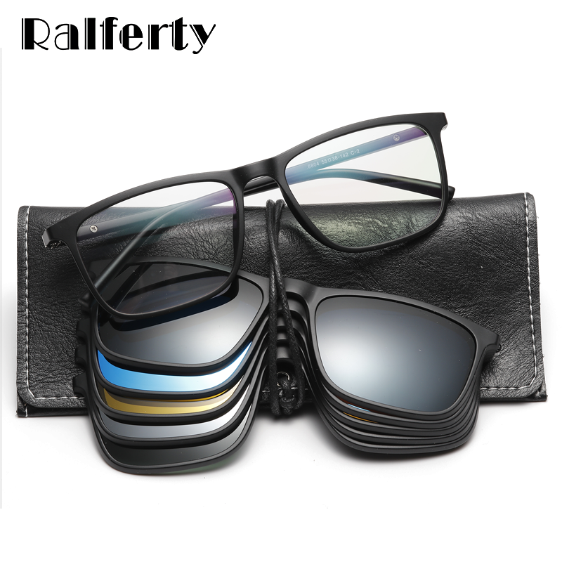 Ralferty-Lunettes de soleil carrées à clipser polarisées pour hommes et femmes, lunettes de soleil magnétiques, lunettes de vision nocturne ultra-légères, A8804, 5 en 1