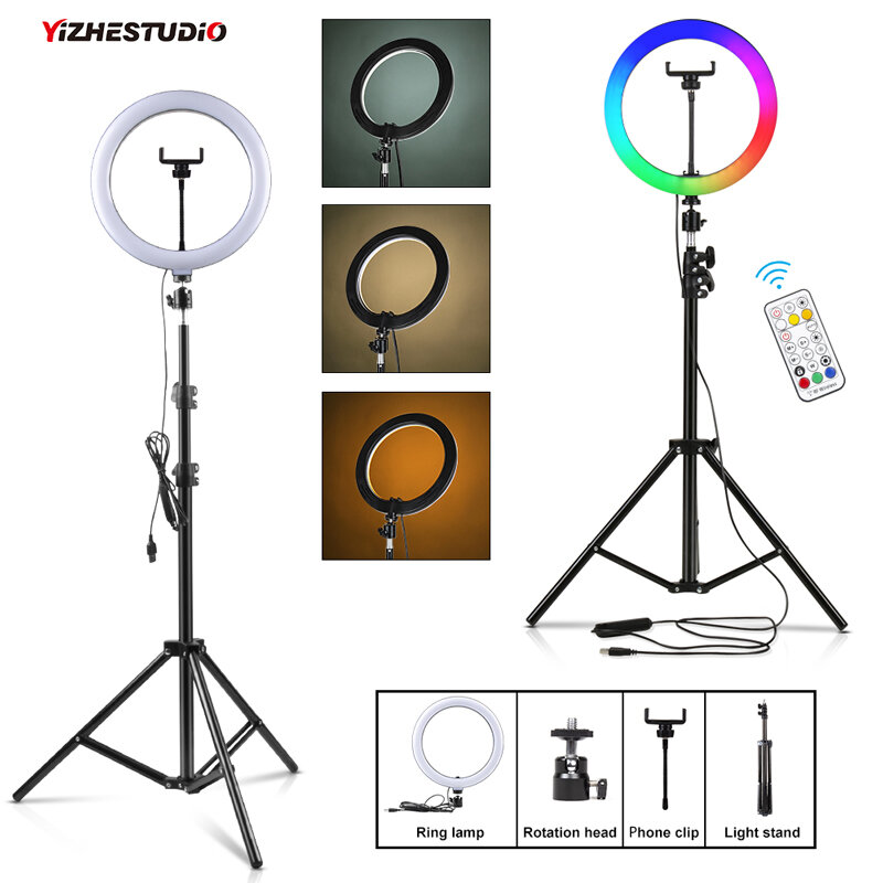 Yizhestudio Dimmable 10" RGB Ring light with phone clip ring light with stand / remote control USB plug for Youtube/Live Stream