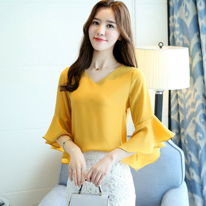 Korean Chiffon Women Blouses Shirt Woman Butterfly Sleeve Shirtplus Size Tops Woman V-neck Solid Blouse Blusas Mujer De Moda OL