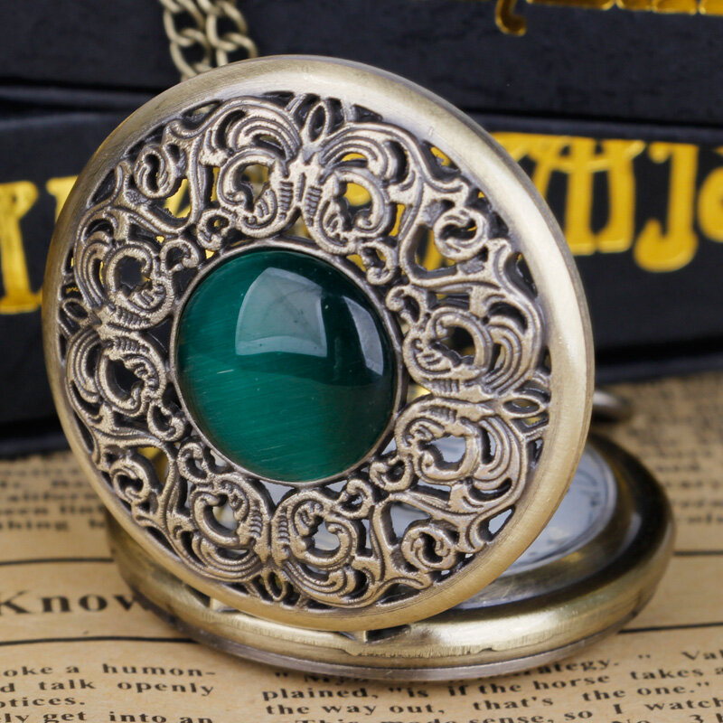 Green Emerald Imitation Stone Quartz Pocket Watch Necklace Woman Fob Watch Women Men Best Gifts Souvenir