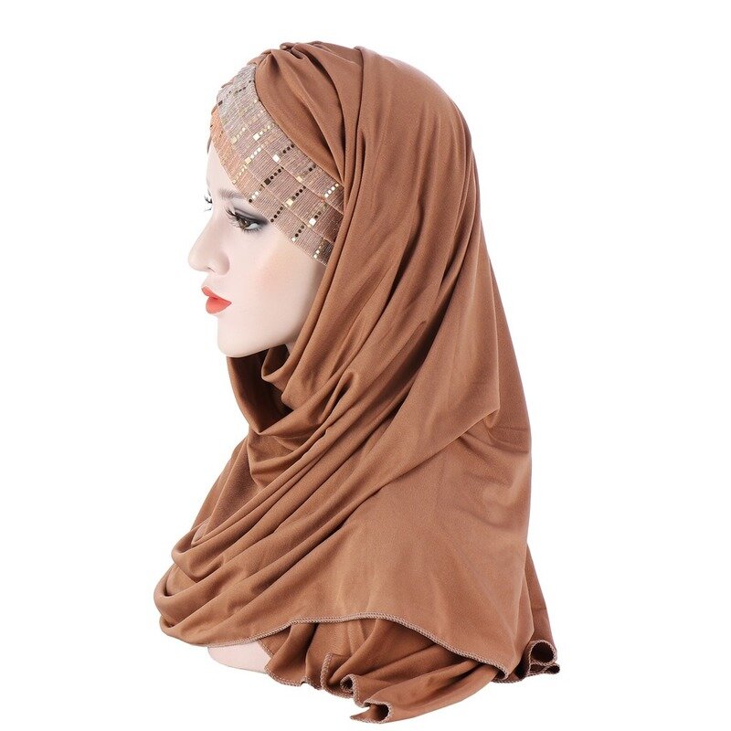KepaHoo 스팽글 글리터 이마 크로스 무슬림 히잡 스카프, 터번 히잡 착용 준비, 이슬람 여성 머리 스카프, 여성 머리 랩