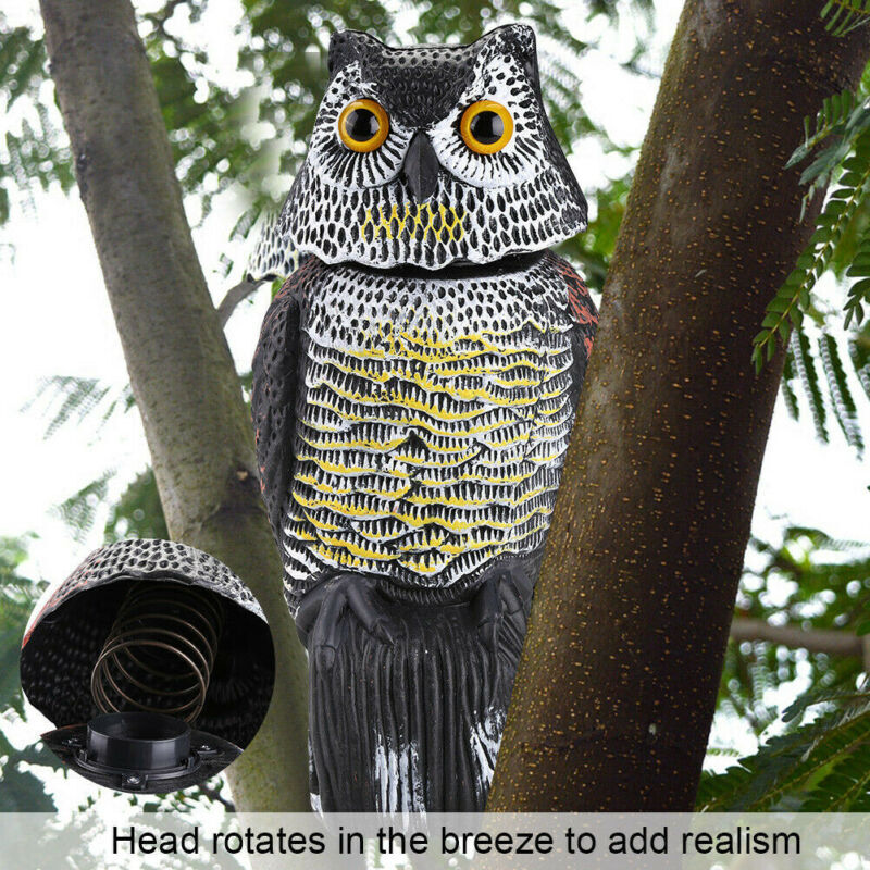 Bird Scarer 360 ° ruota la testa suono gufo esca protezione repellente controllo dei parassiti spaventapasseri giardino cortile spostare Decor