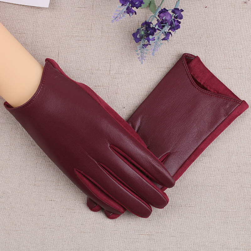Winter Women Keep Warm Touch Screen Plus Velvet Solid Stage Performance Short Outdoor Cycling Drive PU Leather Gloves