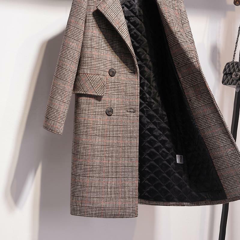 Vangull Chic Thicken Plaid Women Wool Coat Winter Slim Double Breasted Long Women Outerwear Office Lady Pocket Plus Size Coat