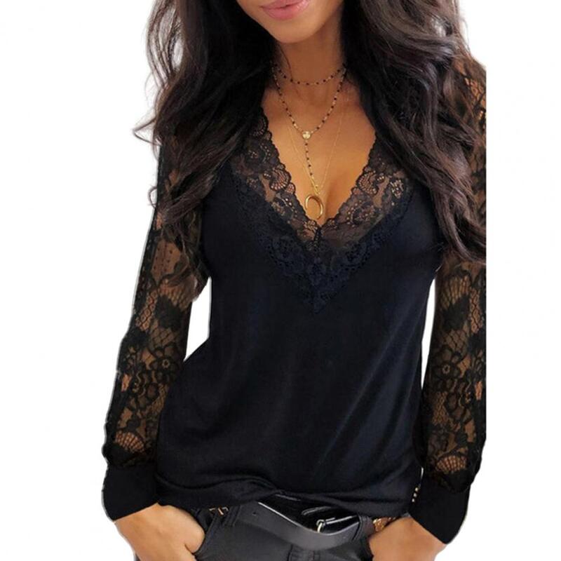 Женский топ, пуловер, сексуальная женская прозрачная блузка с глубоким V-образным вырезом и кружевной отделкой, с длинным рукавом, однотонная винтажная блузка, рубашка, 2021