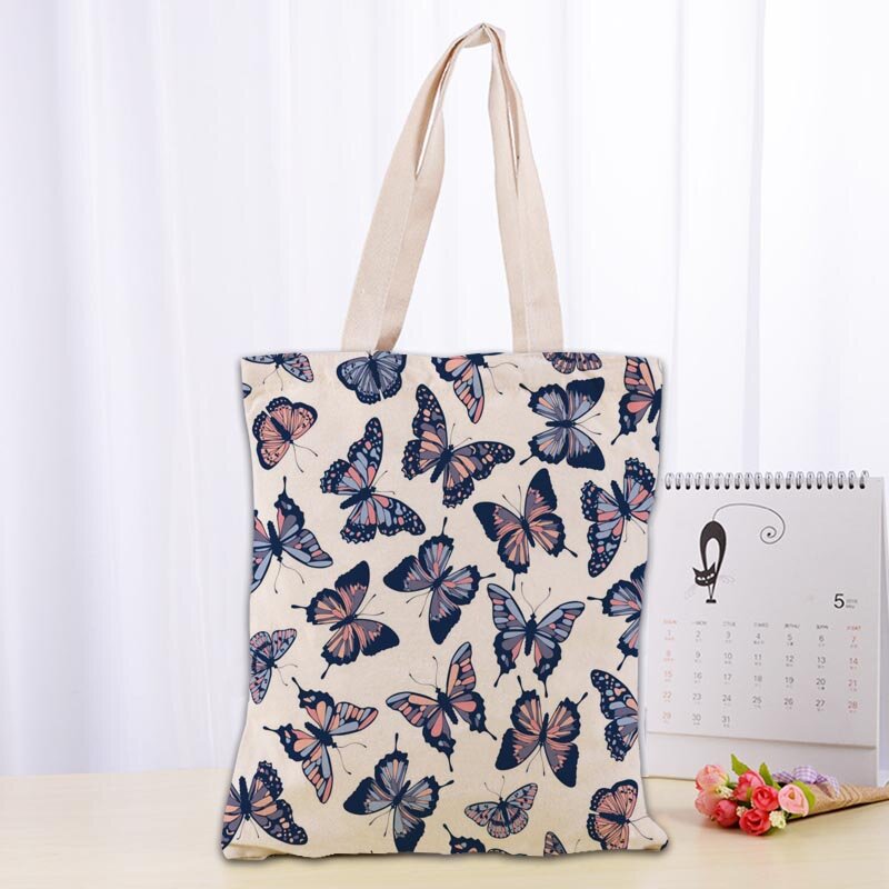 New Vector Butterflies Pattern Bag Foldable Shopping Bag Reusable Eco Large Unisex Canvas Fabric Shoulder Bag Tote 1009