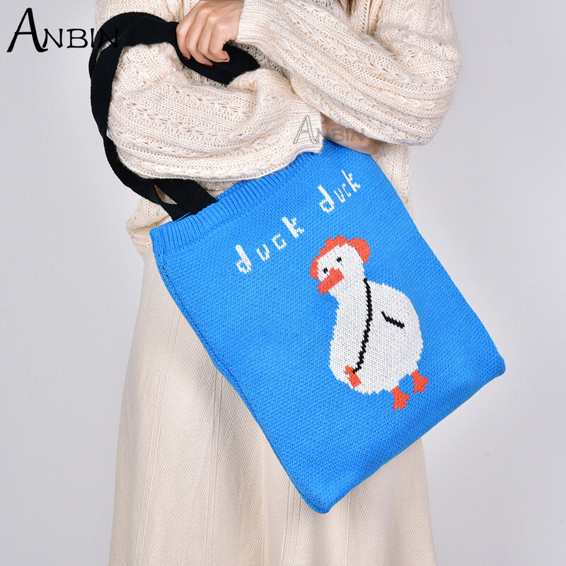 Bolsos de hombro para mujer, bolso de mano de lana de punto con dibujos de pato bonito, bolso de compras con bordado de gran capacidad para niñas