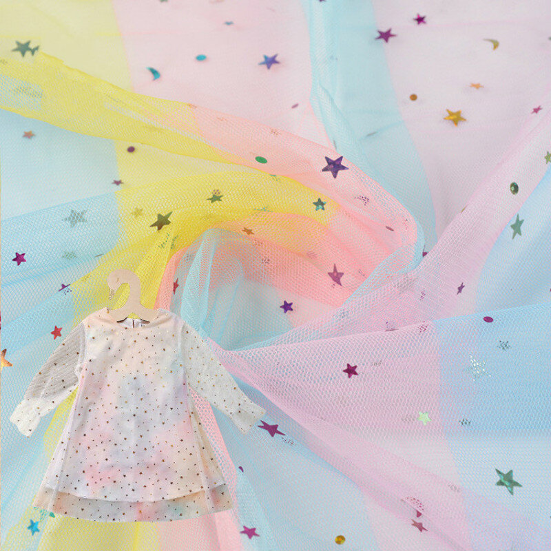 Tela de malla de impresión de arco iris estrellas Luna láser lentejuelas tela DIY manualidades ropa tela de fiesta por metro Material