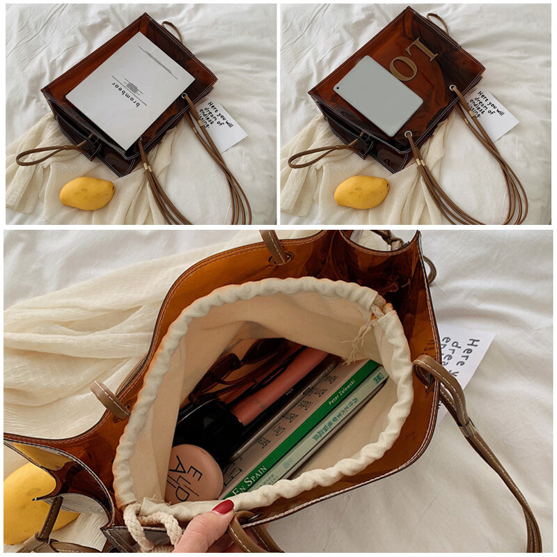 Женская модная прозрачная сумка из ПВХ, женская прозрачная коричневая сумка через плечо, сумки-тоуты с надписью LOVE, летние пляжные сумки XA813