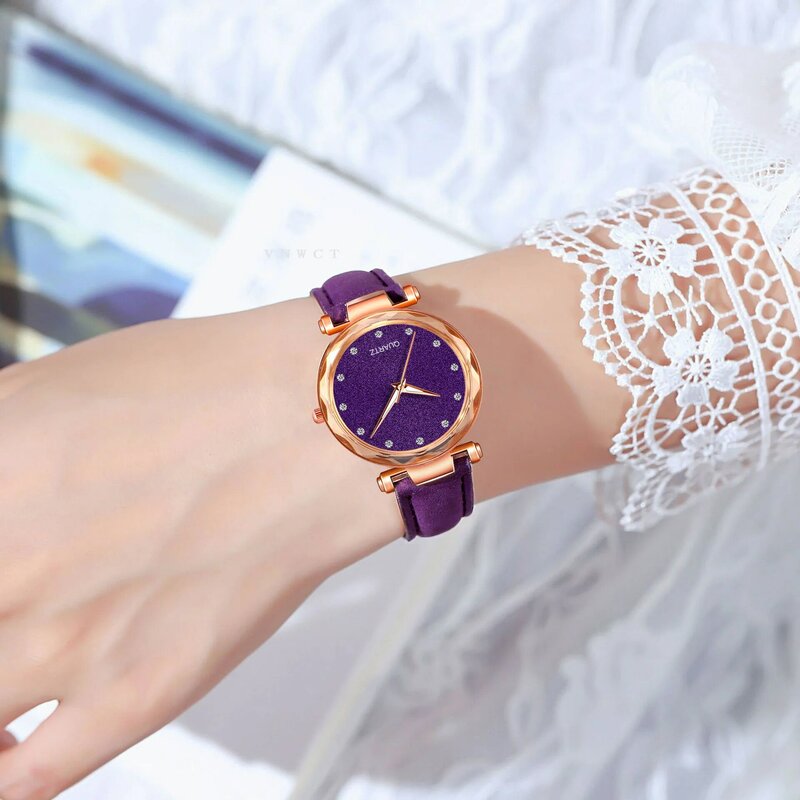 Moda feminina romântico céu estrelado pulso quartzo relógio de couro diamante senhoras relógio para as mulheres vestido simples gfit montre femme