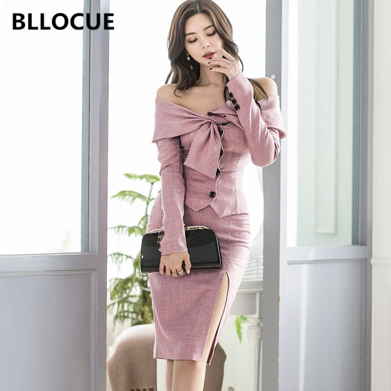 Bllocue 2020 nova primavera coreano senhora do escritório 2 peça conjunto magro sexy uma palavra colar superior + cintura alta dividir pacote saia hip ternos
