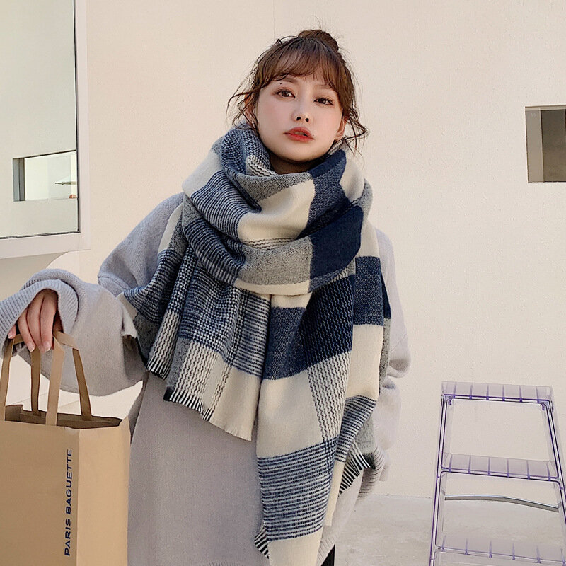 Selendang Syal Kasmir Hangat Kotak-kotak Biru Musim Dingin untuk Wanita Syal Tebal Panjang Cocok untuk Wanita Mode Korea