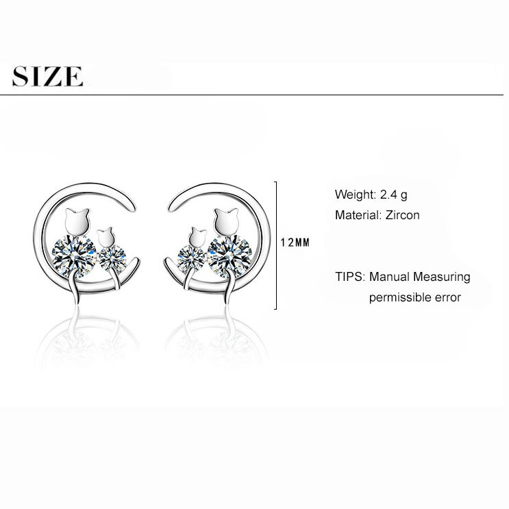 ANENJERY Simple Cute Cat Stud Earrings For Women Silver Color Zircon Earrings Gift S-E910