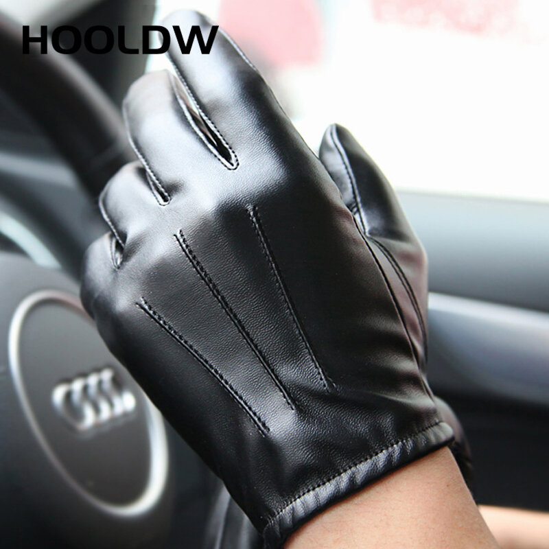 HOOLDW New Winter Gloves Men Women Black PU Leather Cashmere Warm Driving Gloves Mittens Touch Screen Waterproof Tactical Gloves