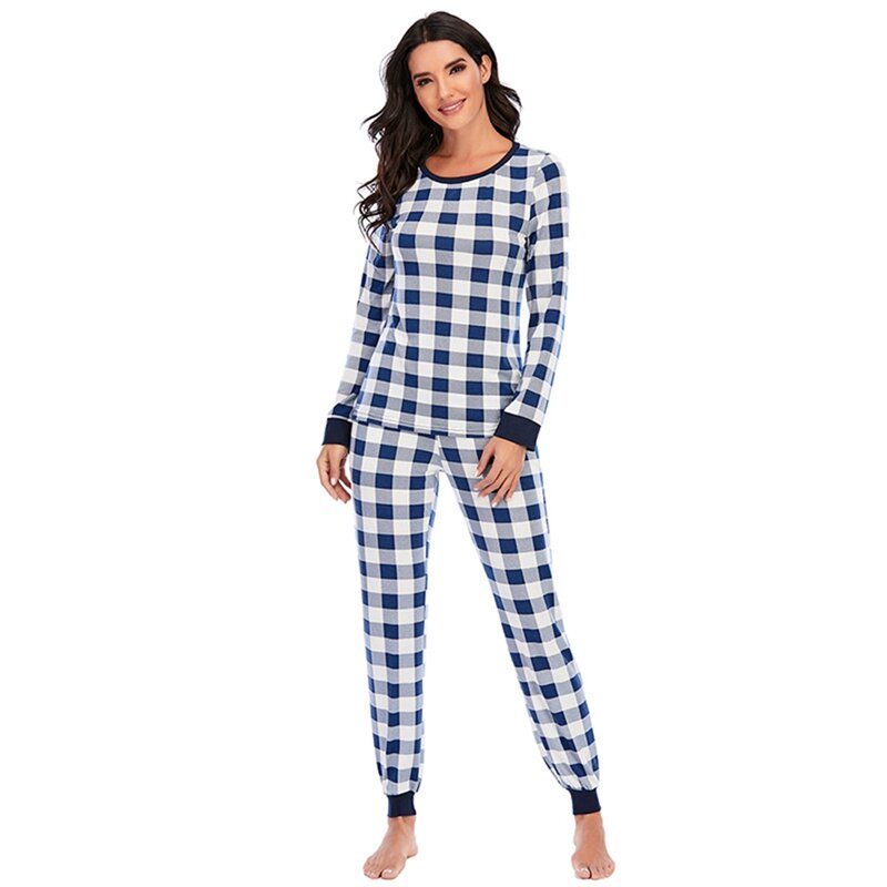 Conjunto de pijamas feminino com manga comprida, duas peças xadrez, decote redondo, macia, para casa