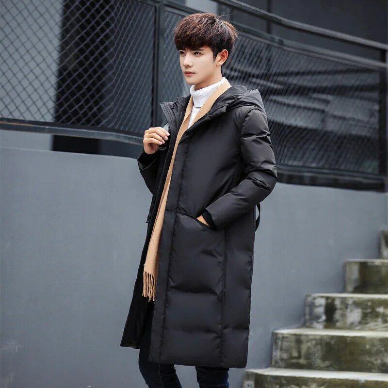 男性用の暖かい冬のコート,長いカジュアルなシンプルでルーズなフィット感,韓国のバージョン,ファッショナブル,フード付き