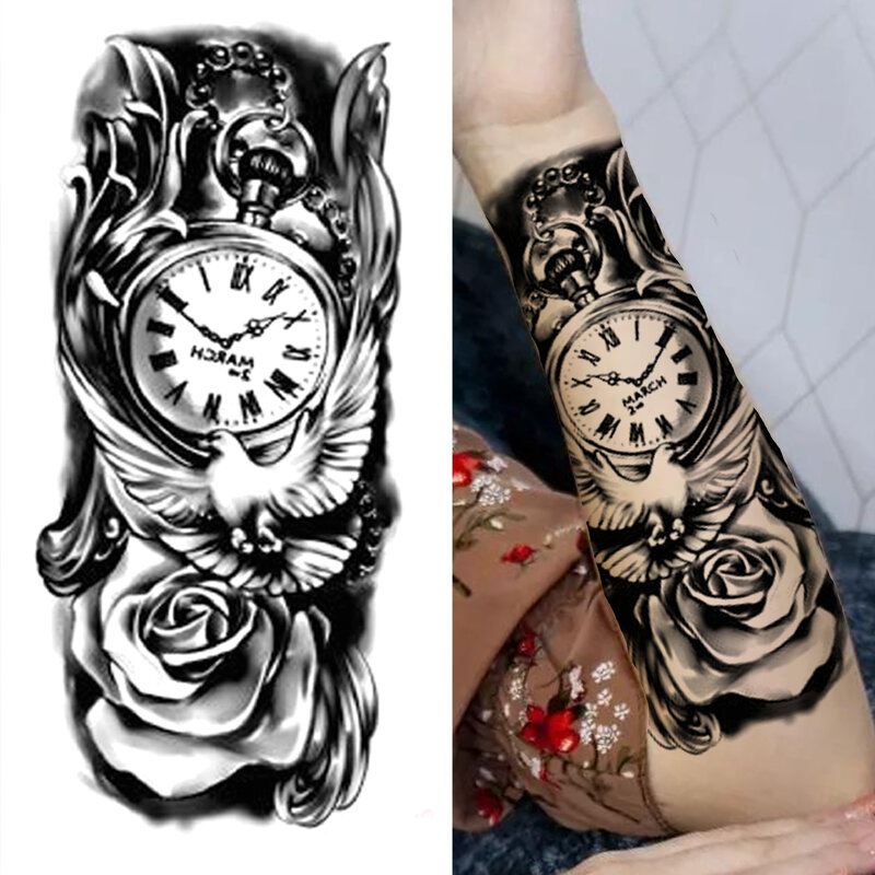 Kompas pół rękawa tymczasowe tatuaże dla kobiet mężczyzn dorosłych czarny krzyż tatuaż naklejki realistyczne fałszywy lew tatuaż ptak zegar kwiat