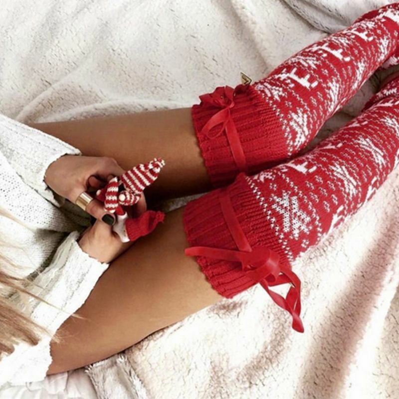 Women Girl Christmas Crochet Knit Long Leg Warmers Reindeer Snowflake Jacquard Over Knee Thigh High Cover Boot Socks with Ribbon