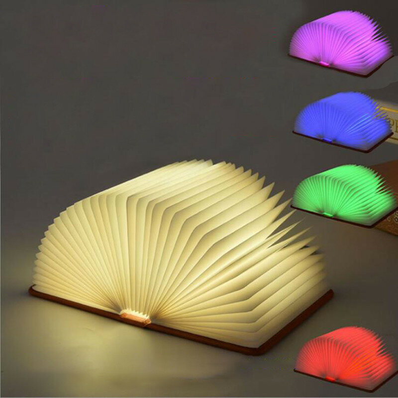 Lampu Malam Kayu Portabel 5 Warna Kreatif RGB LED Lampu Buku 5V USB Isi Ulang Magnetik Dapat Dilipat Lampu Meja Dekorasi Rumah