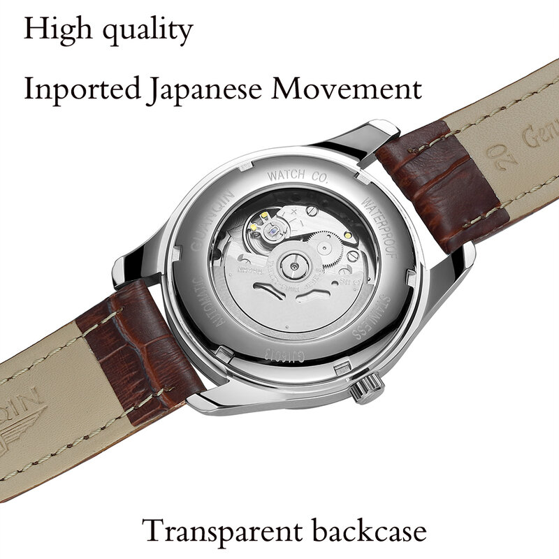 GUANQIN Automatic Mechanical Men Watch Tungsten Steel Leather Strap Luminous Watches Date Calendar Japanese Movement Watch Men
