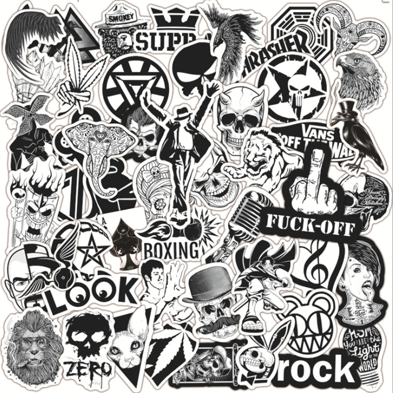Pegatina de Graffiti personalizada Rock, negra y blanca, cubierta de carrito impermeable, para motocicleta, 10/30/50 Uds., venta al por mayor