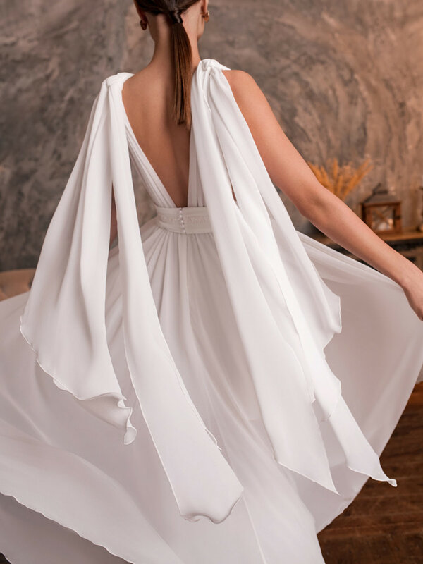 Halter Chiffon Wedding Dress Sleeveless A-Line For Female Bridal Gowns Floor-Length Custom Made Свадебное платье Ribbons