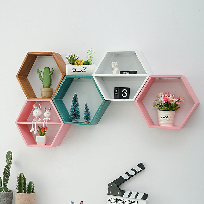 Quadro hexagonal em estilo nórdico, decoração de madeira, livros de quadro hexagonal de brinquedos, vaso de flores, prateleira com suporte para exibição de estatuetas, prateleira