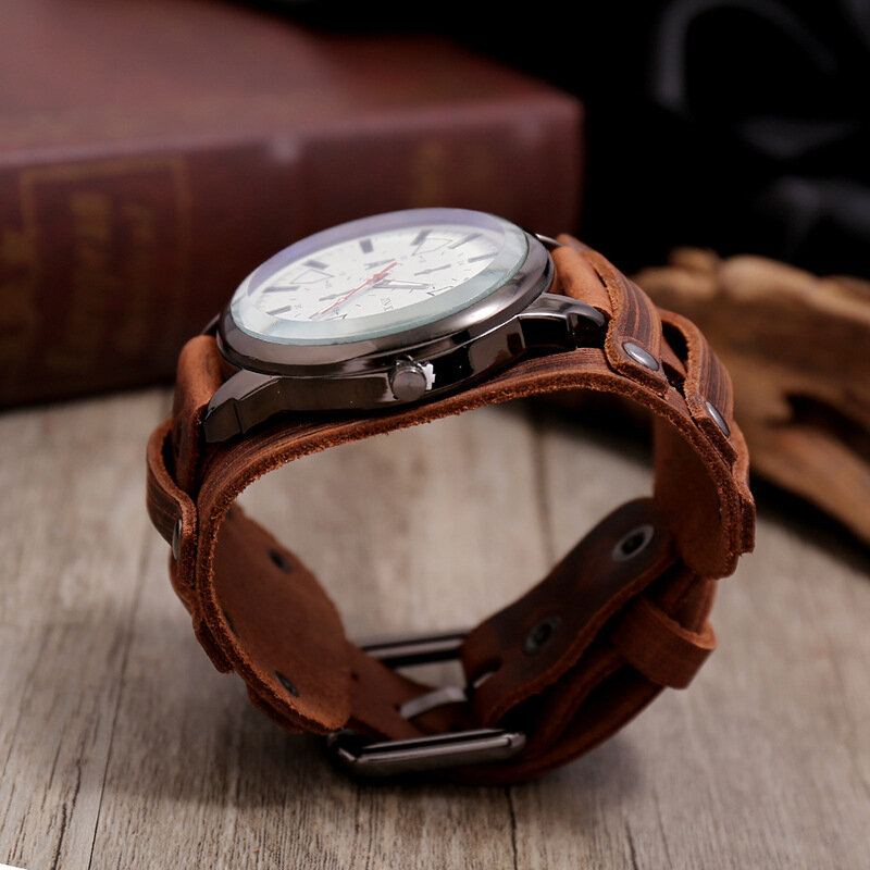 Jam tangan pria baru jam tangan kuarsa tali kulit asli gaya Punk jam tangan pria Fashion 2023 jam tangan kulit sapi untuk Pria Hadiah