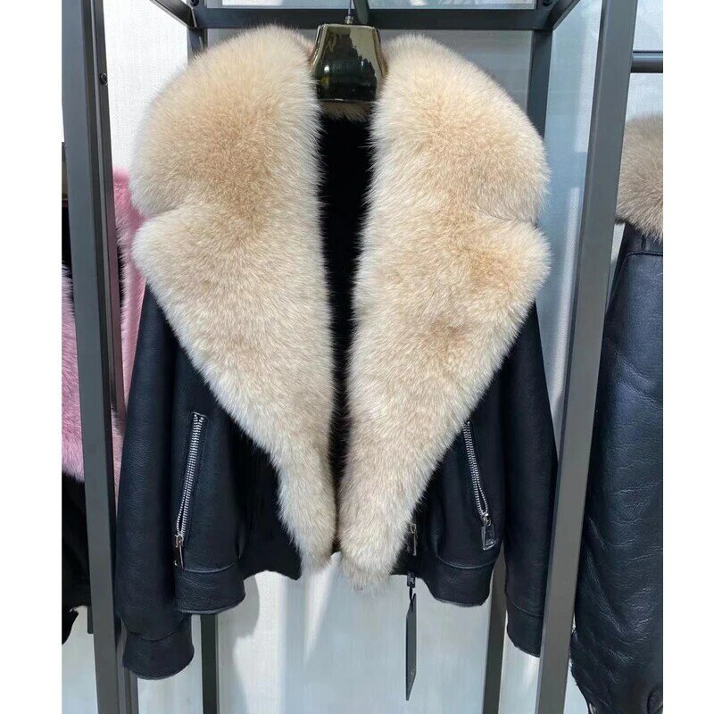 本物のキツネの毛皮のコート,シープスキンの高品質の冬服,革のジャケット,防寒着,2022