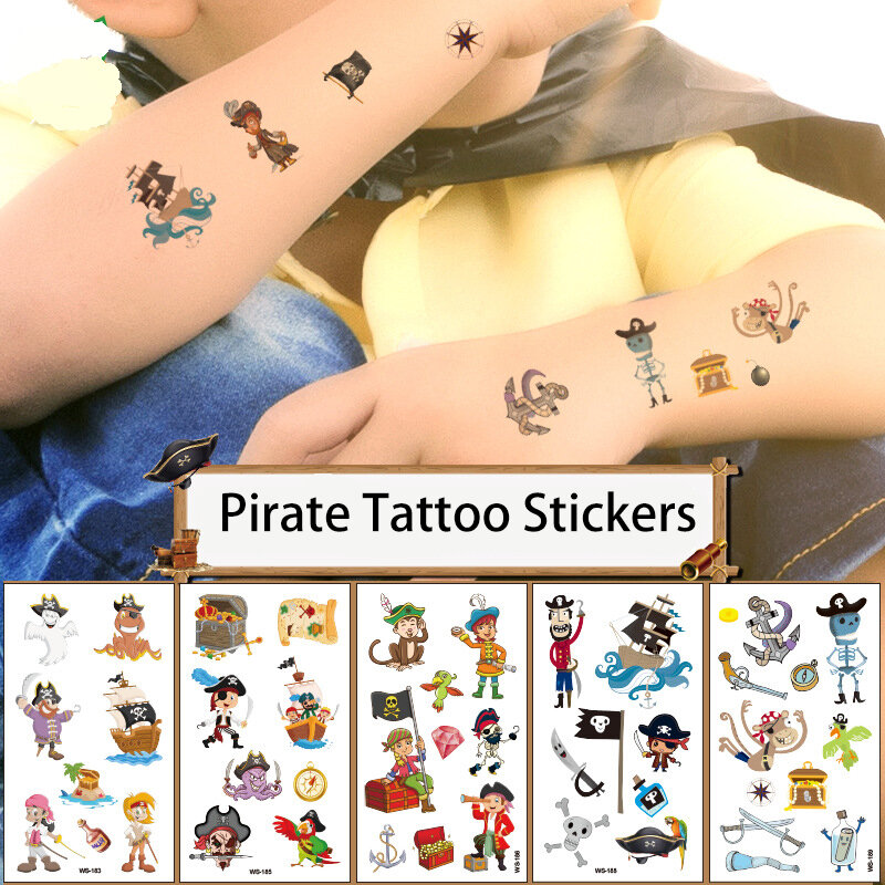 Pegatinas de tatuaje desechables para niños, decoración de dibujos animados, impermeable, temporal, Pirata, arte corporal, cara, brazos, piernas, regalo para niños, 105x60mm