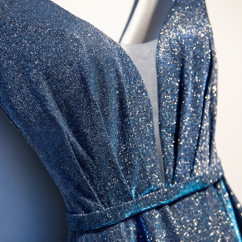 2022 럭셔리 실버 블루 롱 스팽글 이브닝 드레스, 브이넥 저렴한 이브닝 가운, 민소매 무도회 파티 포멀 드레스, 띠를 착용