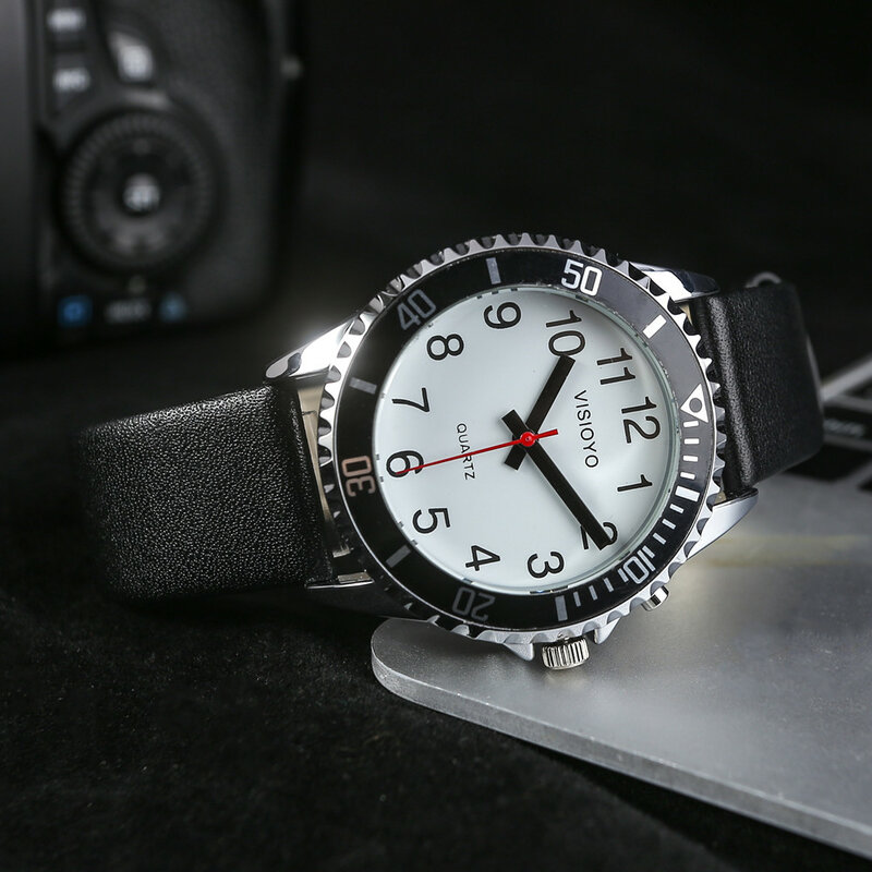 Reloj parlante francés con alarma, fecha y hora, esfera blanca, correa de cuero negro, TFBW-1502