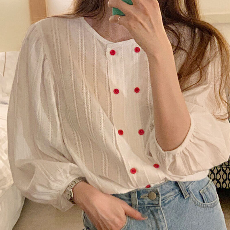 Women Double-breasted Korean Sweet Round Neck Blouse  Pleated Stitching Design Shirts Loose Puff Sleeve Shirt Top Blusas 15871