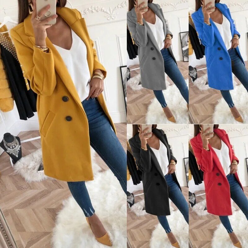 Las nuevas mujeres de moda de Color puro mezcla abrigos/chaquetas de abrigo de mujer de talla grande S-5XL chaqueta ajustada giro-abajo Collar de Casaco