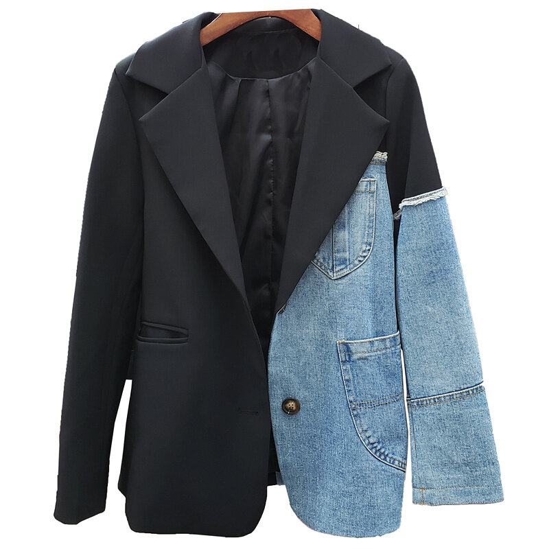 Denim retalhos mulheres blazer jaqueta de alta qualidade único botão preto terno jaqueta solta moda senhora blazers casaco 2023 outono novo